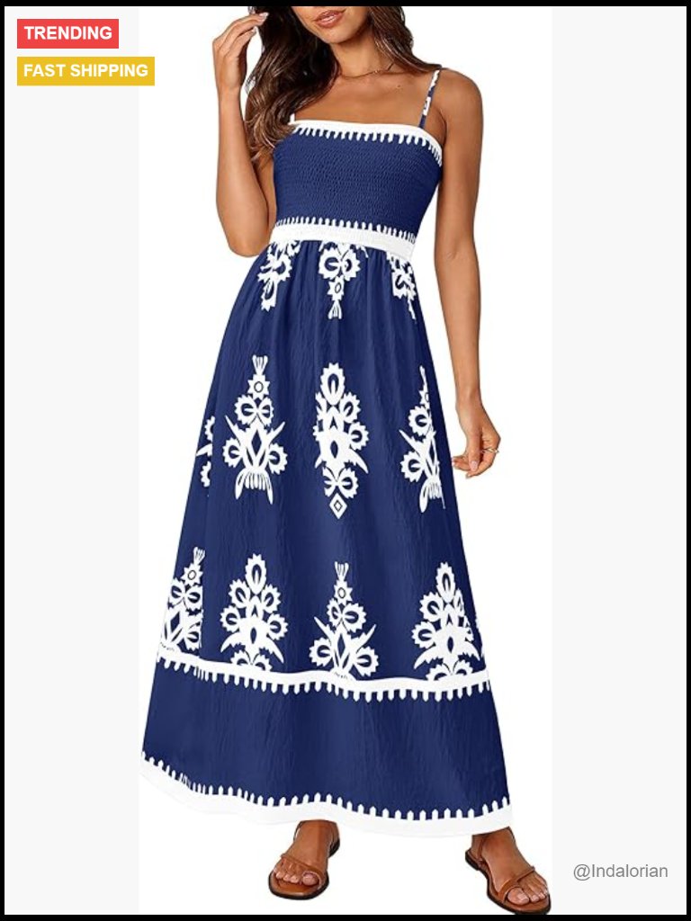 Womens Floral Smocked Maxi Dress Spaghetti Strap Boho Beach Sundress